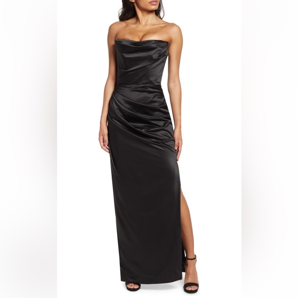 HOUSE OF CB Fuller Cup Xs Black Adrienne Satin Strapless Gown!!